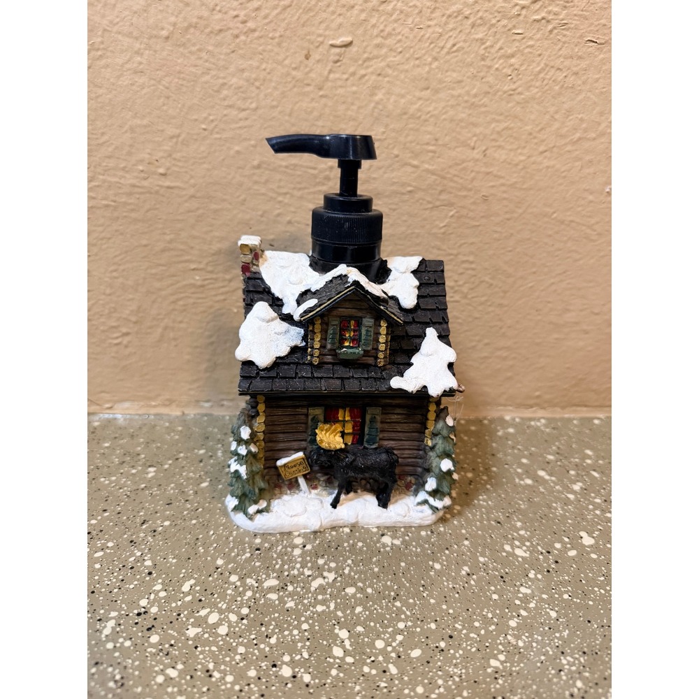 Winter Log Cabin Soap Dispenser Snow Covered Lake Lodge Moose Decor - Picture 6 of 6